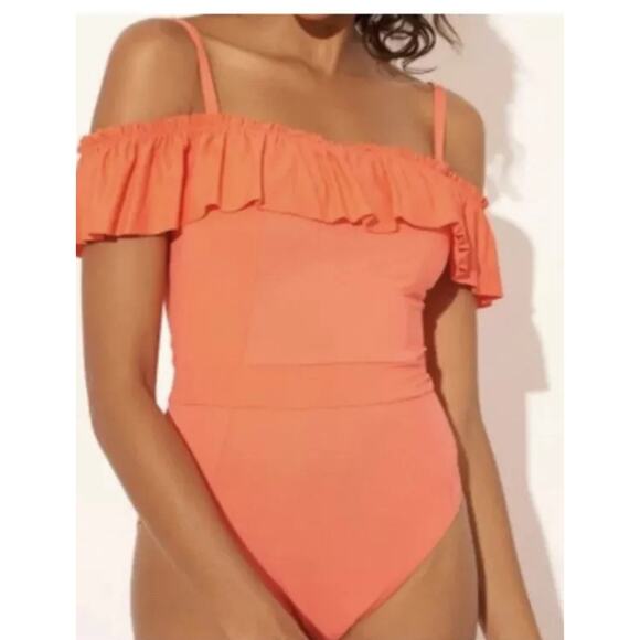 Blue Rod Beattie Living Coral Orange Ruffle Off The Shoulder One Piece Size 10 - Picture 1 of 7